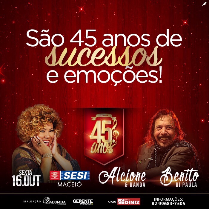 Alcione e Benito Di Paula se apresentam em Maceió no dia 16 de outubro